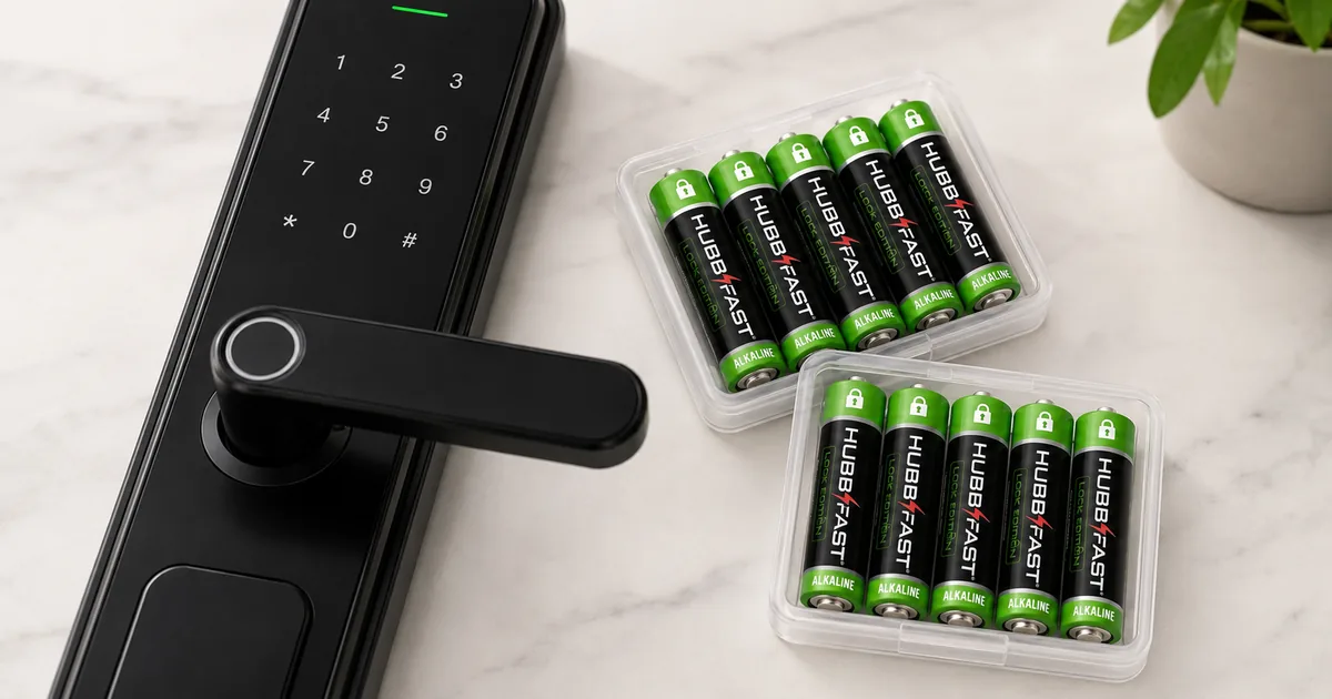LOCKREADY™: Pin Luôn Sẵn Sàng — Không Lo Khóa Hết Điện Đột Ngột 2 Bộ pin AA HubbFast Lock Edition dự phòng để sẵn trong hộp, luôn đầy điện khi cần
