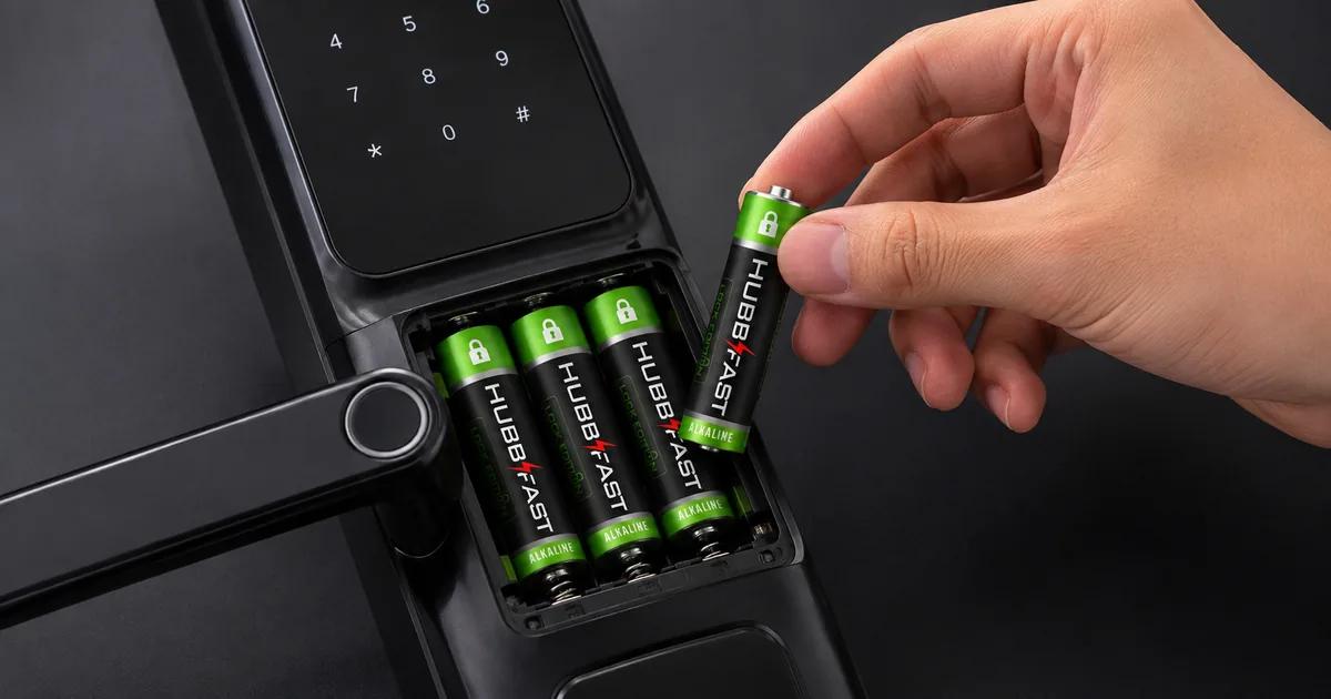 LOCKVOLT™: Điện Áp Ổn Định Suốt Vòng Đời Pin — Khóa Không Lỗi Giữa Chừng 3 Lắp bộ pin AA HubbFast Lock Edition điện áp ổn định vào khoang pin khóa cửa