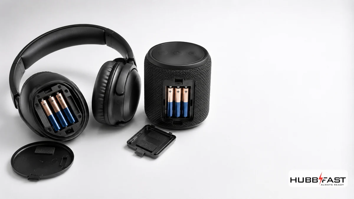 Pin AAA Cho Tai Nghe Không Dây Và Loa Bluetooth Mini: Chọn Loại Nào? 2 Tai nghe chụp tai không dây và loa Bluetooth mini mở khoang pin với pin AAA | HubbFast Premium – Pin kiềm Alkaline