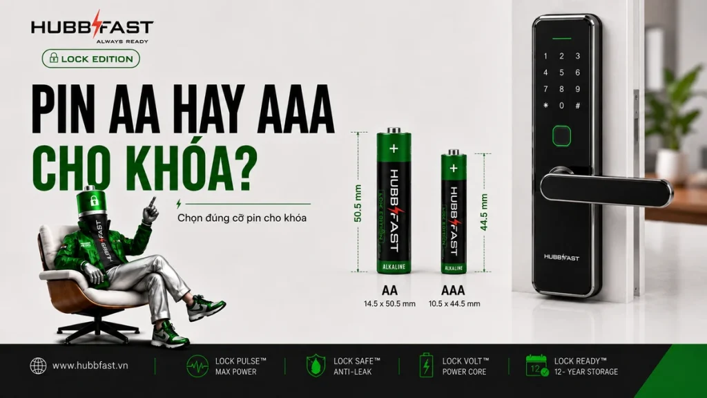 Pin AA Hay Pin AAA Cho Khóa Thông Minh? Câu Trả Lời Cuối Cùng 1 Pin AA hay AAA cho khóa - chọn đúng cỡ pin HubbFast Lock Edition