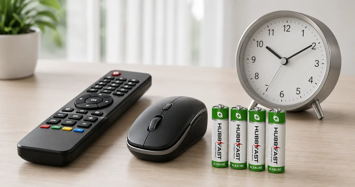 Bộ pin kiềm AA HubbFast Premium bên cạnh remote, chuột không dây và đồng hồ