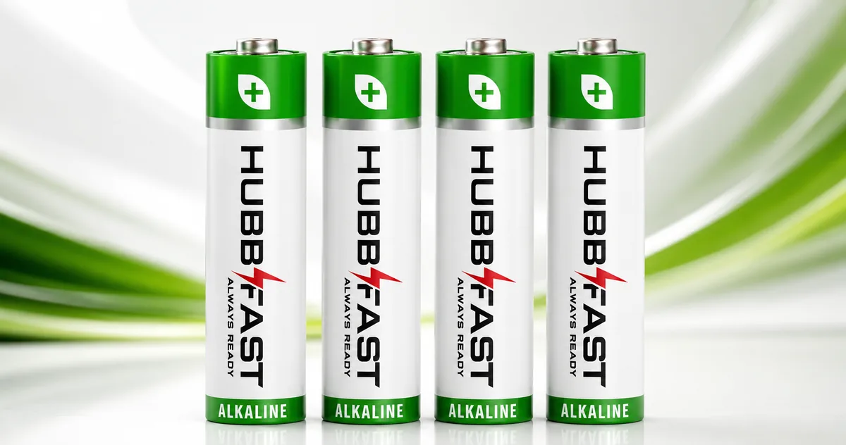 Cận cảnh 4 viên pin kiềm AA HubbFast Premium thân trắng nắp xanh lá