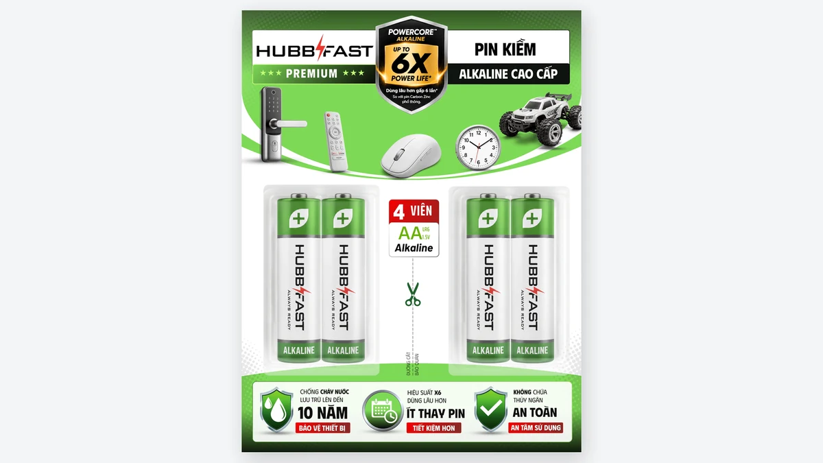 Vỉ pin alkaline HubbFast Premium AA đóng gói chính hãng cho gia đình