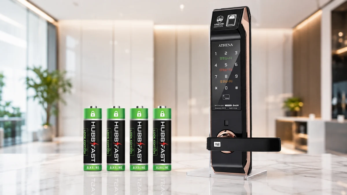 Pin Cho Khóa Unicor Dùng Được Bao Lâu Và Nên Chọn Loại Nào? 2 Pin HubbFast Lock Edition den cho khoa thong minh Unicor Athena dat tren san showroom