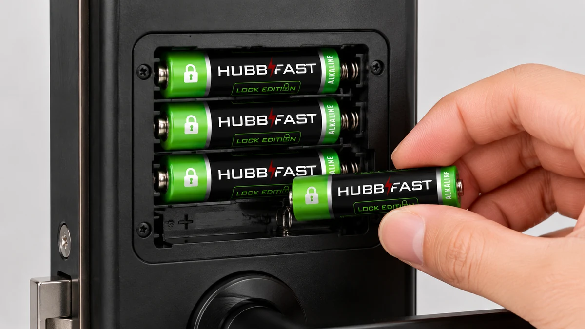 Lắp bộ pin kiềm AA mới và lau tiếp điểm khoang pin khóa Hexa