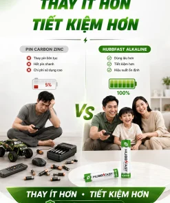 USP pin kiềm AA HubbFast Premium 6X Power Life so với pin Carbon Zinc | HubbFast Premium – Pin kiềm Alkaline cao cấp