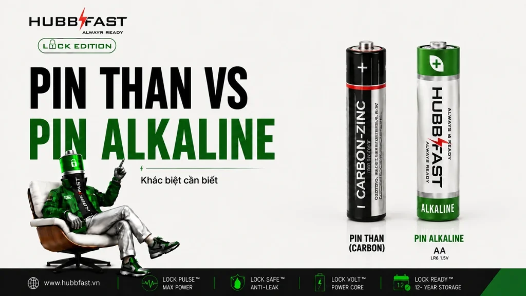 Pin Than So Với Pin Alkaline: Phân Tích Chi Tiết Để Chọn Đúng 1 Pin than carbon-zinc vs pin Alkaline HubbFast Premium khac biet can biet