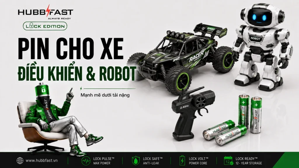 Pin AA Cho Xe Điều Khiển Và Robot Chơi Game: Loại Nào Khỏe Nhất? 1 Ảnh bìa Pin AA cho xe điều khiển và robot đồ chơi | HubbFast Premium – Pin kiềm Alkaline
