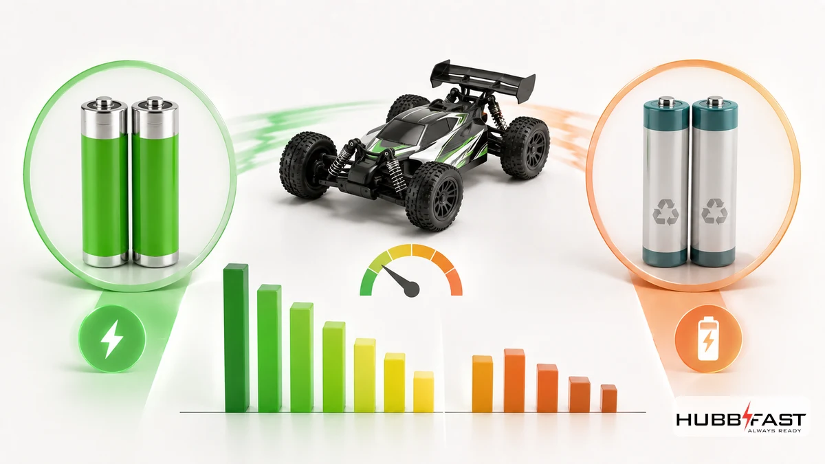 Pin AA Cho Xe Điều Khiển Và Robot Chơi Game: Loại Nào Khỏe Nhất? 3 So sánh pin kiềm và pin sạc dưới tải nặng cho xe điều khiển | HubbFast Premium – Pin kiềm Alkaline