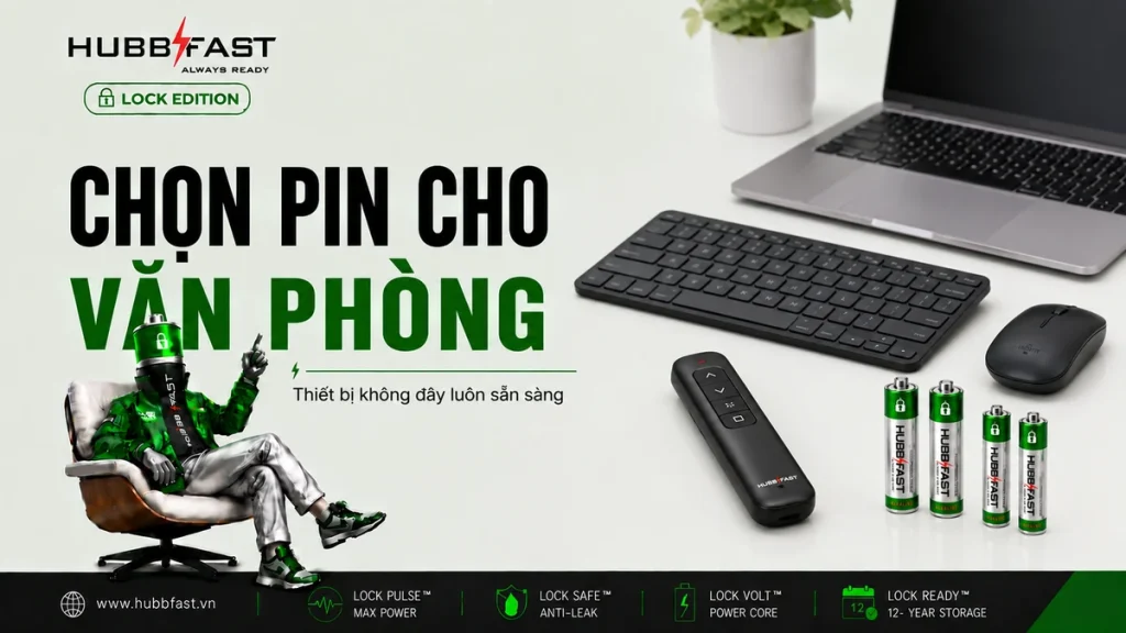 Văn Phòng Không Dây Toàn Diện: Chọn Pin Nào Để Mọi Thiết Bị Chạy Tối Ưu? 1 Ảnh bìa Chọn pin cho thiết bị văn phòng không dây | HubbFast Premium – Pin kiềm Alkaline
