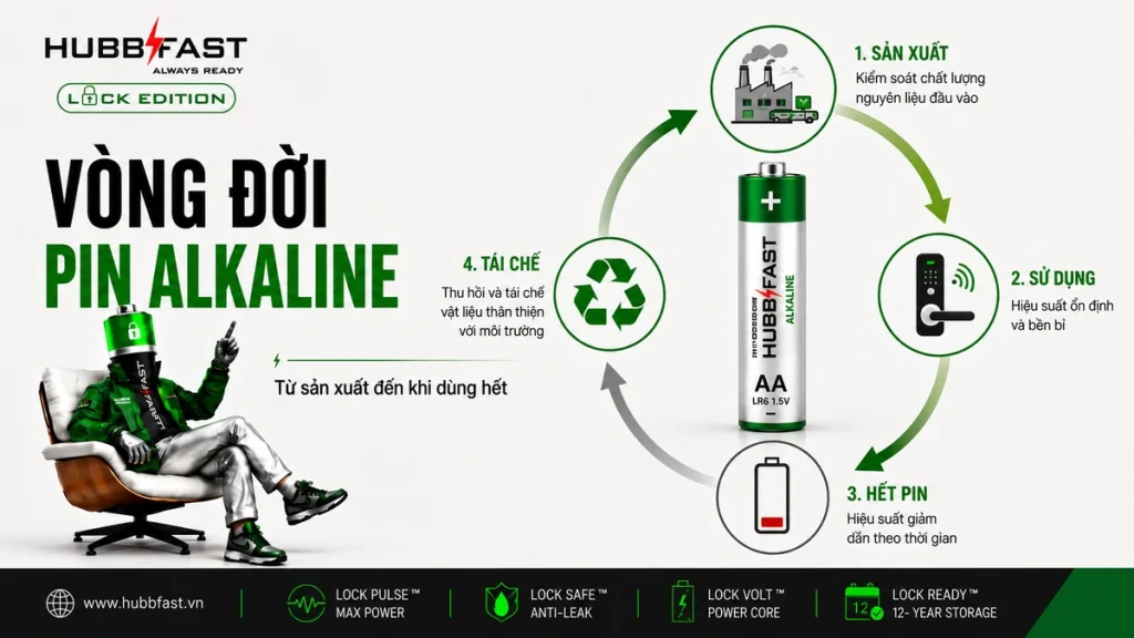 Vòng Đời Pin Alkaline: Bảo Quản Đúng Cách Để Dùng Được Bao Lâu? 1 Vong doi pin Alkaline HubbFast Premium tu san xuat den khi dung het