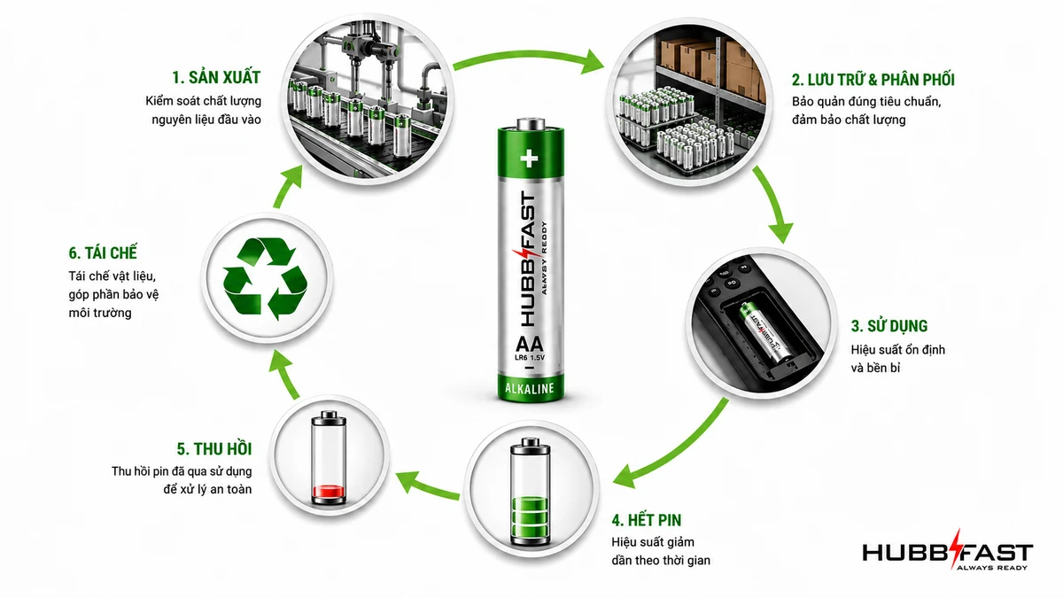 Vòng Đời Pin Alkaline: Bảo Quản Đúng Cách Để Dùng Được Bao Lâu? 2 Vong doi pin Alkaline HubbFast Premium tu san xuat den khi dung het chi tiet
