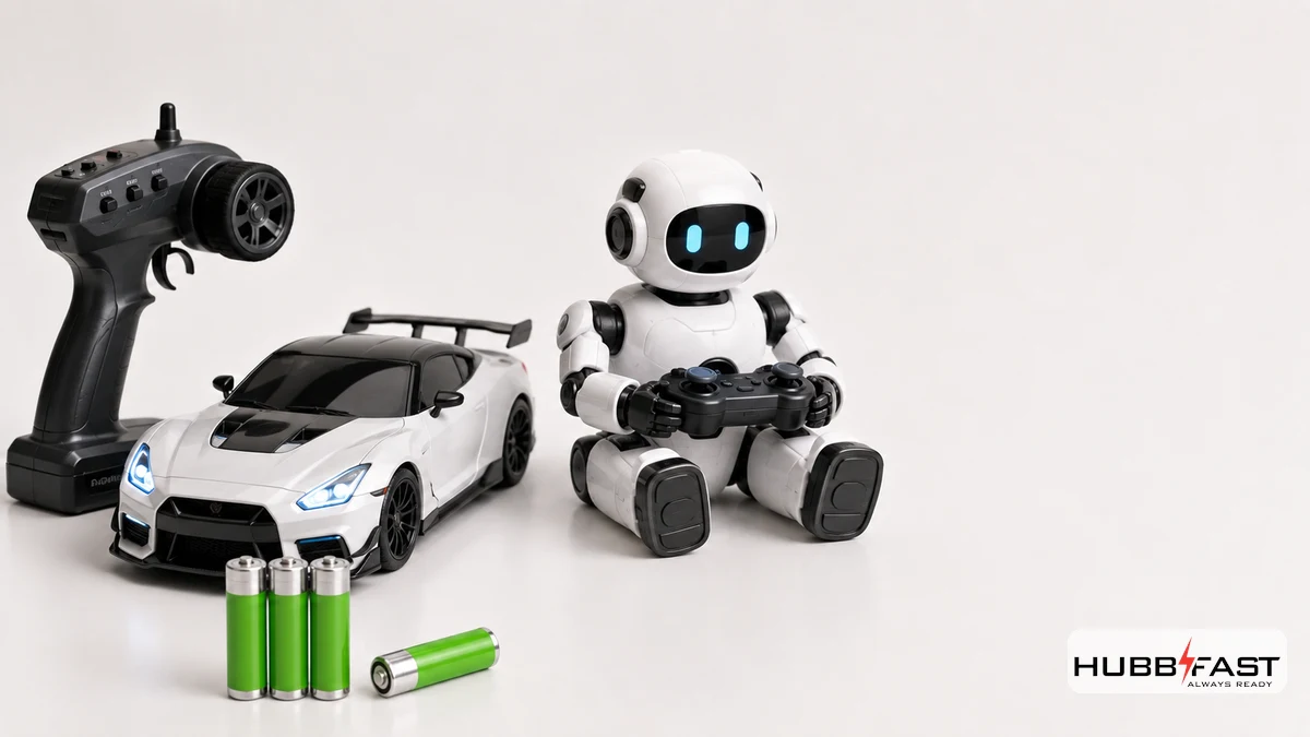 Pin AA Cho Xe Điều Khiển Và Robot Chơi Game: Loại Nào Khỏe Nhất? 2 Xe điều khiển và robot chơi game dùng pin AA đặt cạnh nhau | HubbFast Premium – Pin kiềm Alkaline