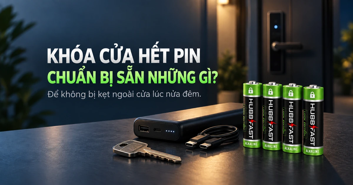 Bìa bài viết khóa cửa hết pin nên chuẩn bị sẵn những gì - chìa cơ khí, sạc dự phòng và pin AA HubbFast Lock Edition