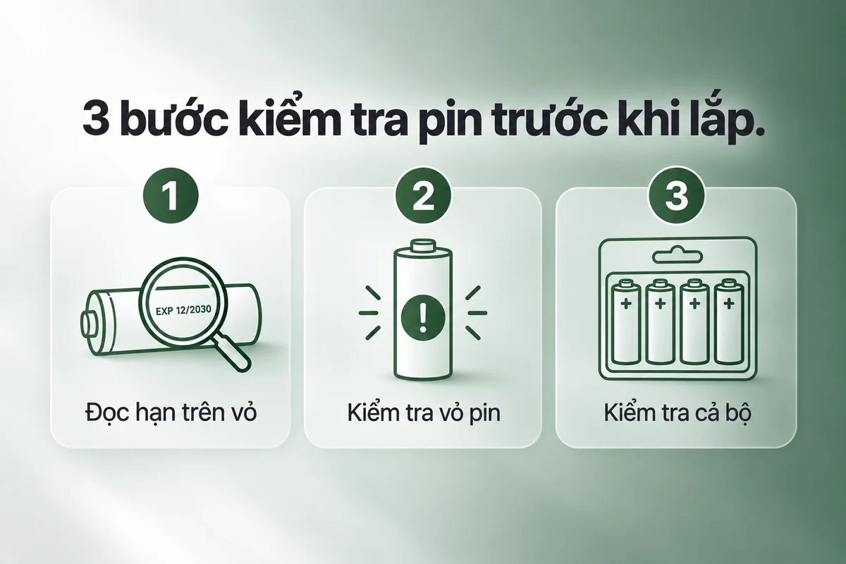 3 bước kiểm tra pin trước khi lắp vào khóa: đọc hạn trên vỏ, kiểm tra vỏ pin, kiểm tra cả bộ