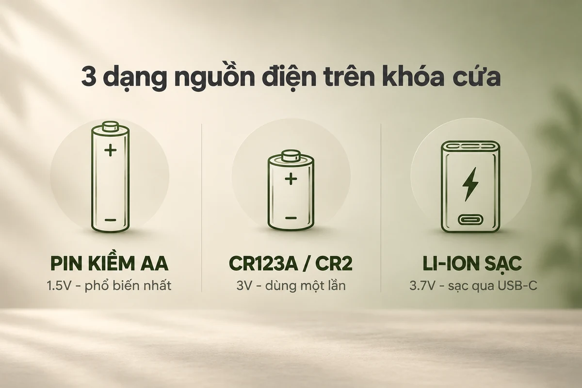 Ba dạng nguồn điện trên khóa cửa: pin kiềm AA 1.5V, pin lithium CR123A CR2 3V và pin Li-ion sạc 3.7V