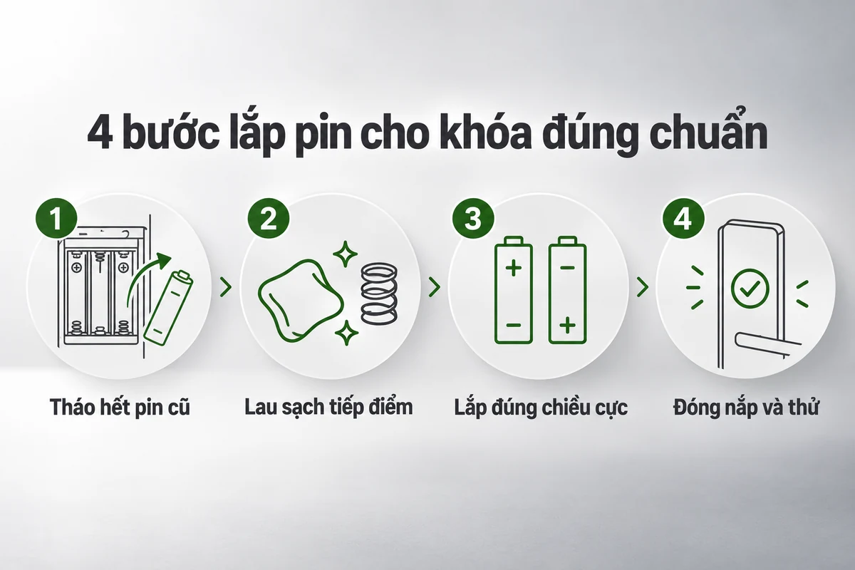 4 bước lắp pin cho khóa đúng chuẩn: tháo hết pin cũ, lau sạch tiếp điểm, lắp đúng chiều cực, đóng nắp và thử