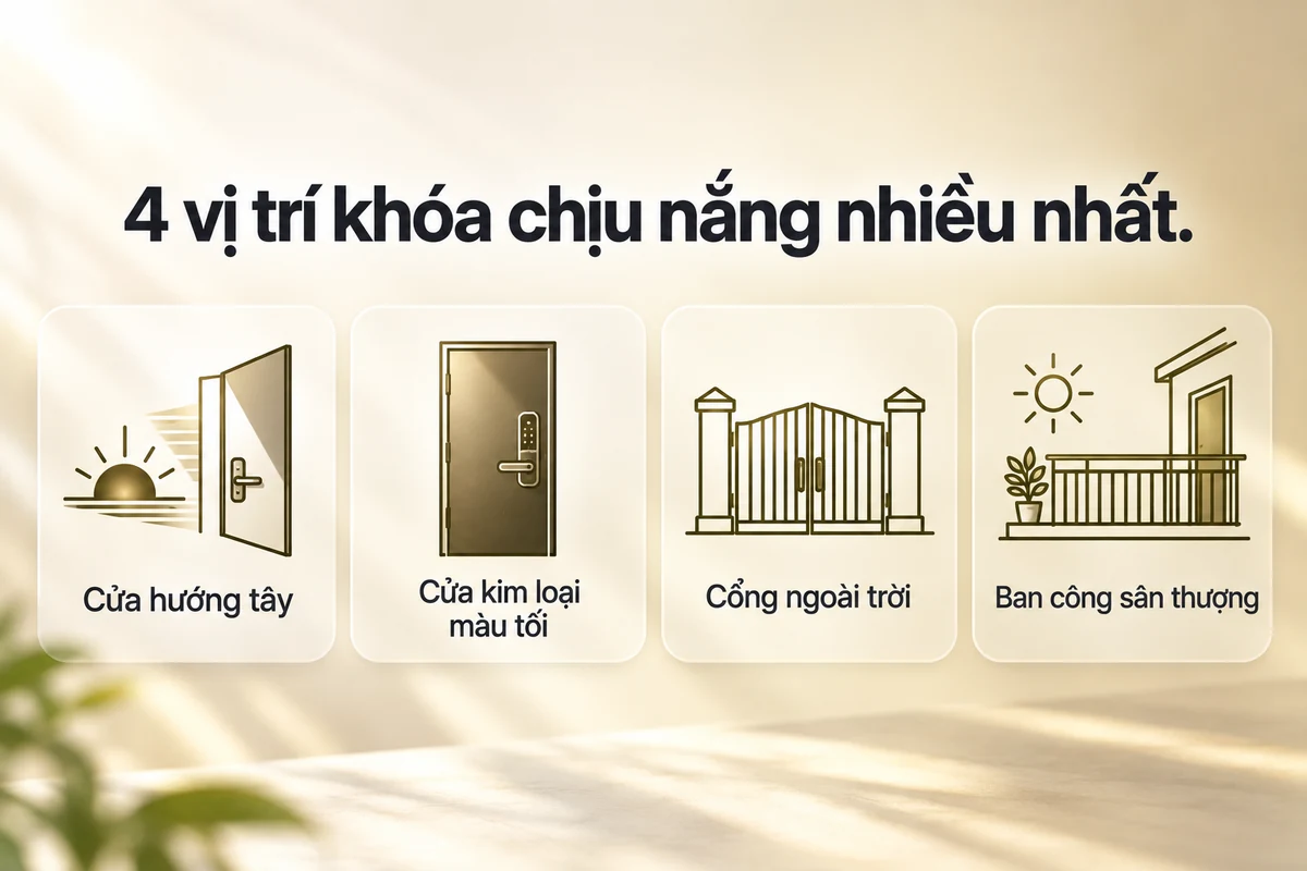 4 vị trí khóa cửa chịu nắng nhiều nhất: cửa hướng tây, cửa kim loại màu tối, cổng ngoài trời, ban công sân thượng