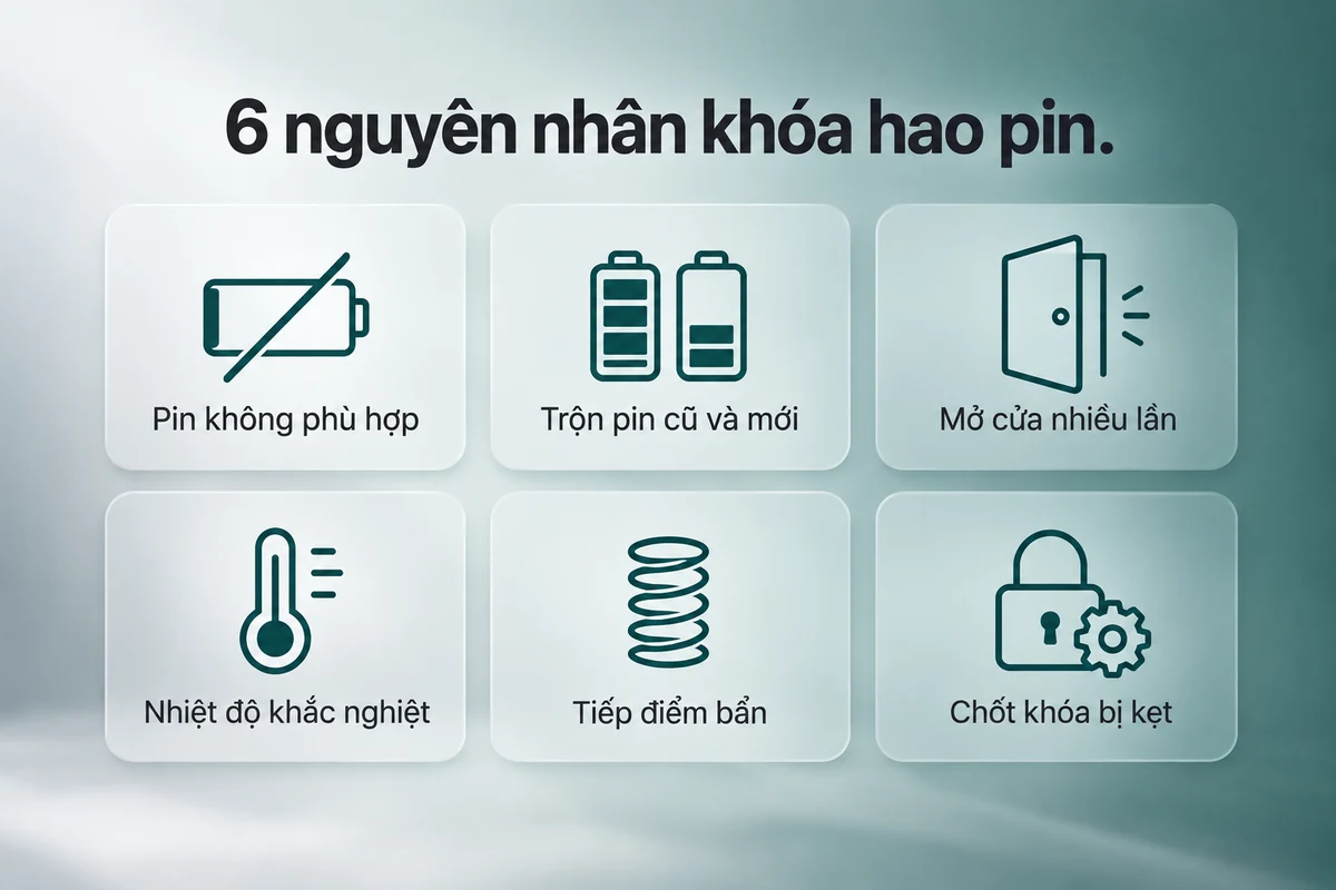 6 nguyên nhân khiến khóa cửa thông minh hao pin: pin không phù hợp, trộn pin cũ mới, mở cửa nhiều, nhiệt độ, tiếp điểm bẩn, chốt kẹt