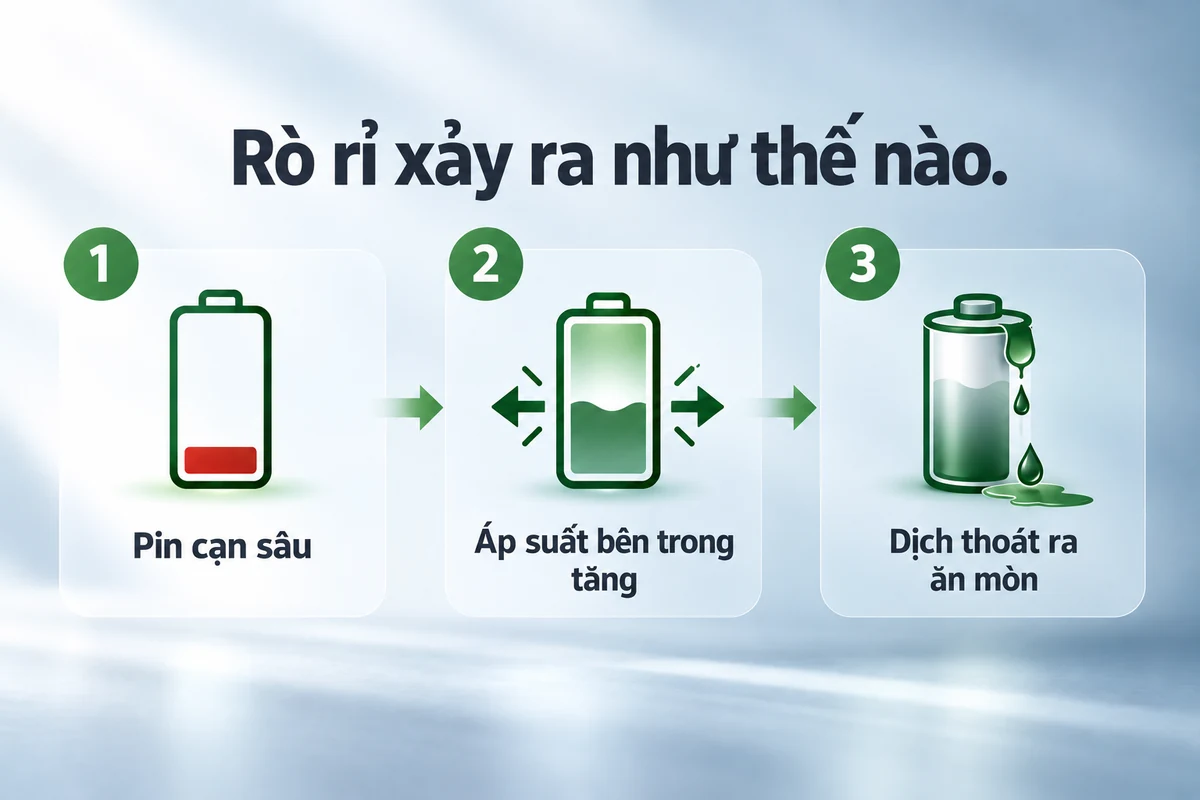 Cơ chế rò rỉ của pin: pin cạn sâu, áp suất bên trong tăng, dịch thoát ra ăn mòn