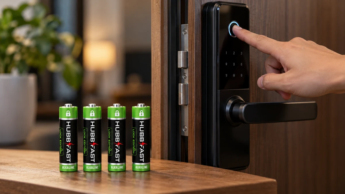 Khoảnh khắc khóa vân tay hoạt động kéo dòng xả đỉnh, bên cạnh bộ pin AA HubbFast Lock Edition