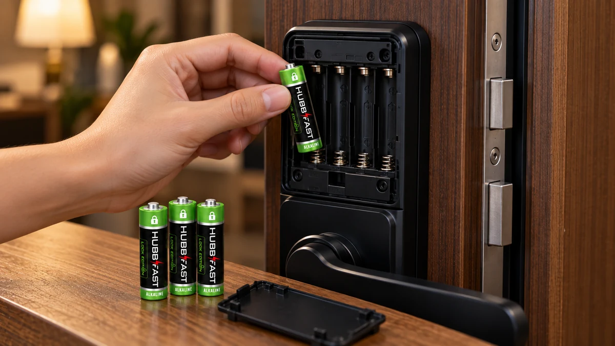 Lắp pin AA HubbFast Lock Edition vào khoang pin khóa cửa thông minh Lockin