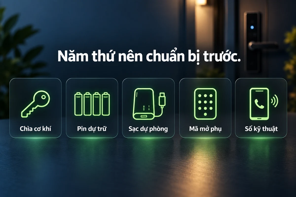 Năm thứ nên chuẩn bị trước khi khóa cửa hết pin: chìa cơ khí, pin dự trữ, sạc dự phòng, mã mở phụ, số kỹ thuật