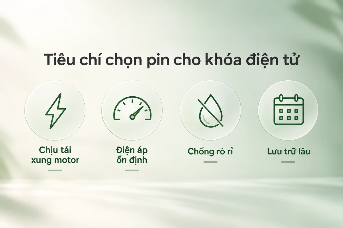 4 tiêu chí chọn pin cho khóa cửa điện tử: chịu tải xung motor, điện áp ổn định, chống rò rỉ, lưu trữ lâu
