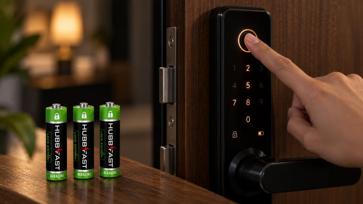 Cảm biến vân tay khóa Dessmann phản hồi chậm khi pin yếu, bên cạnh pin AA HubbFast Lock Edition