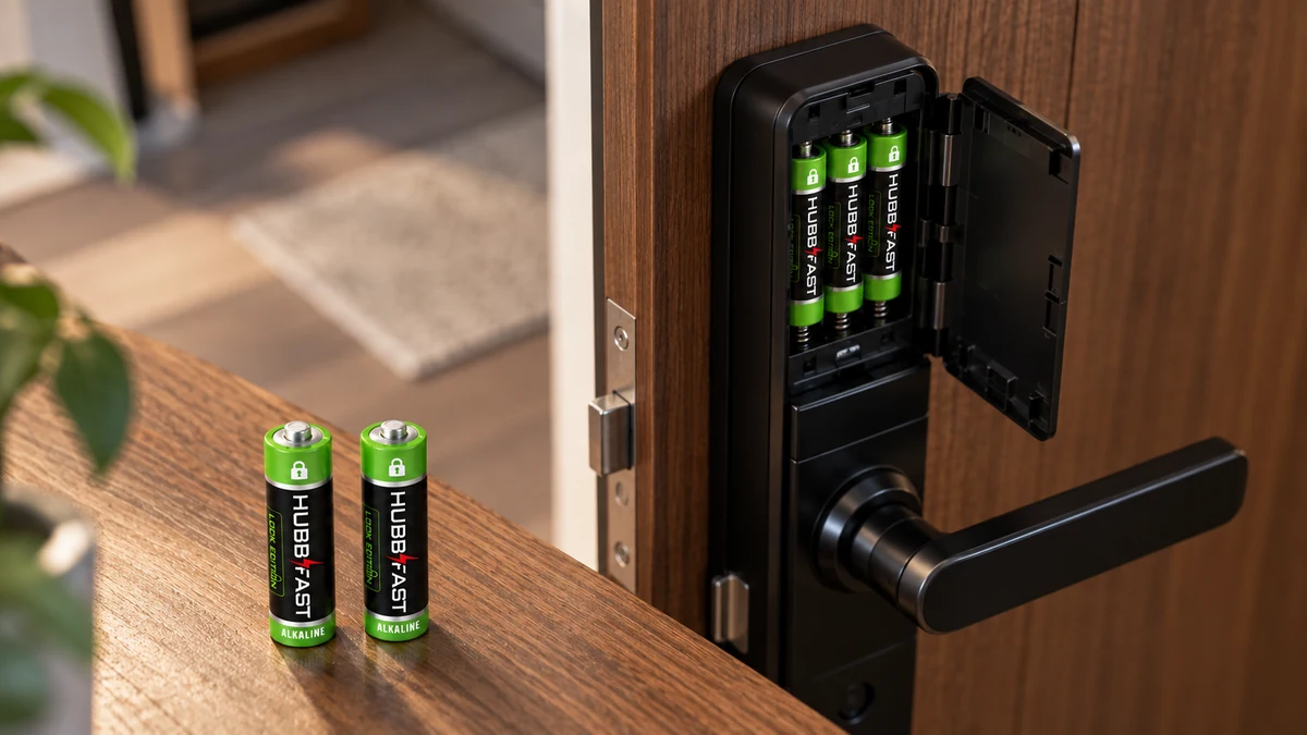 Khoang pin khóa cửa thông minh mở nắp và pin AA HubbFast Lock Edition minh họa ba kiểu tải điện