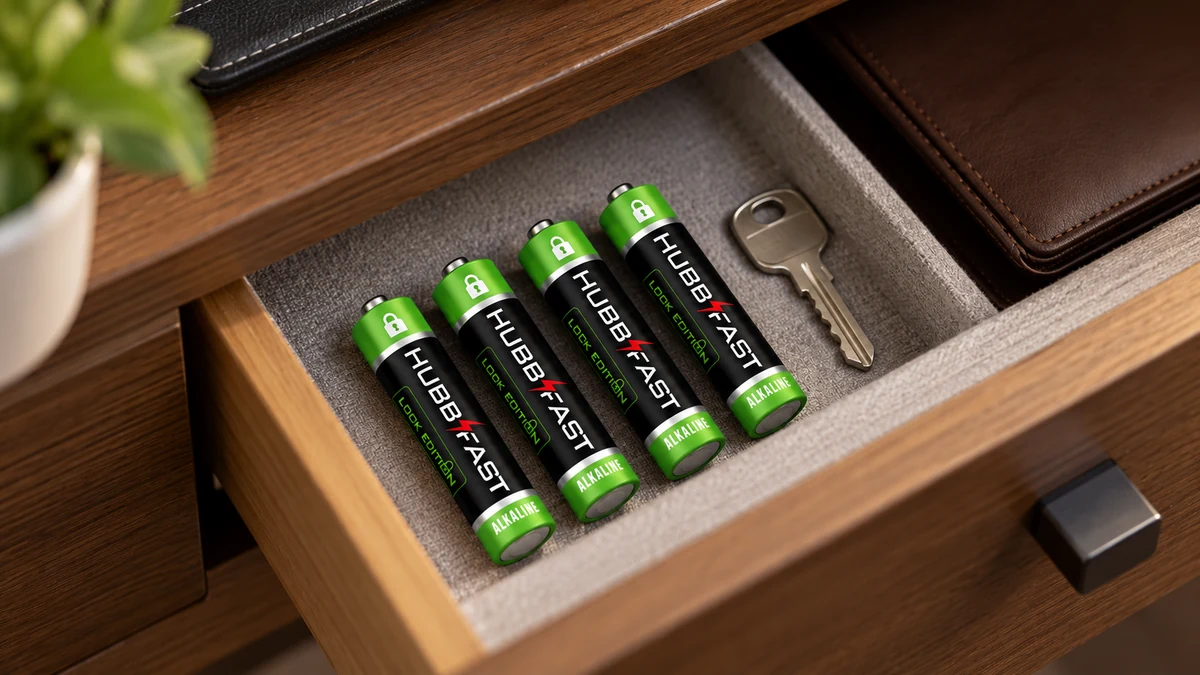 Bộ pin AA HubbFast Lock Edition dự phòng và chìa cơ khí cất trong ngăn kéo