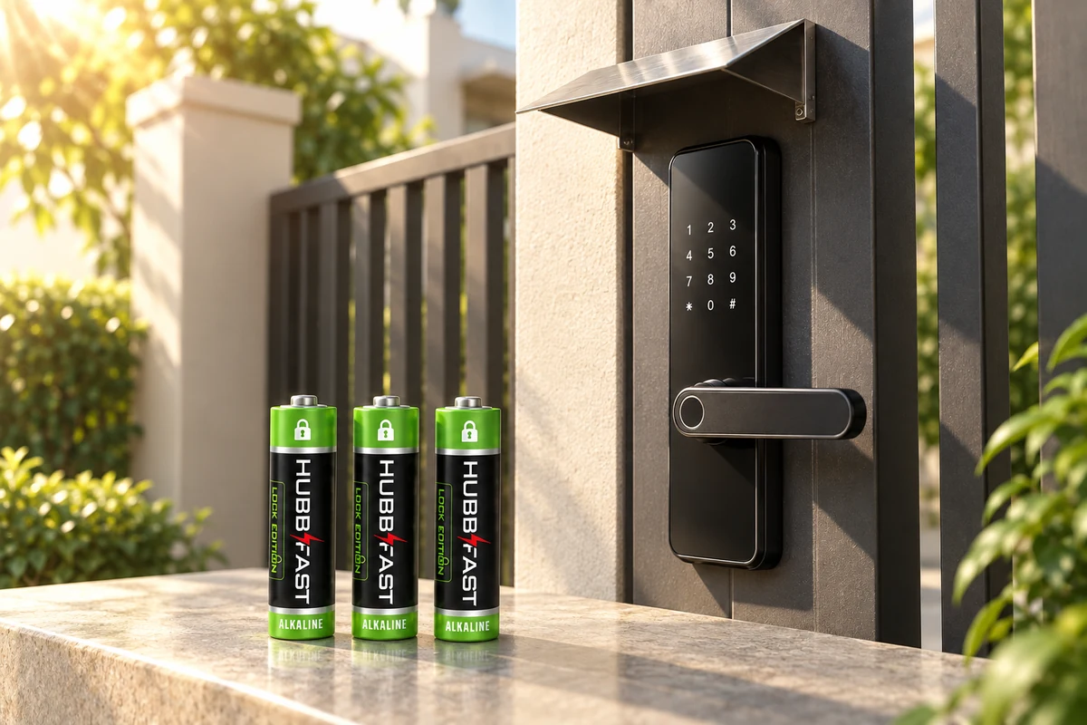Khóa cửa điện tử lắp ngoài cổng có mái hắt che nắng và pin AA HubbFast Lock Edition