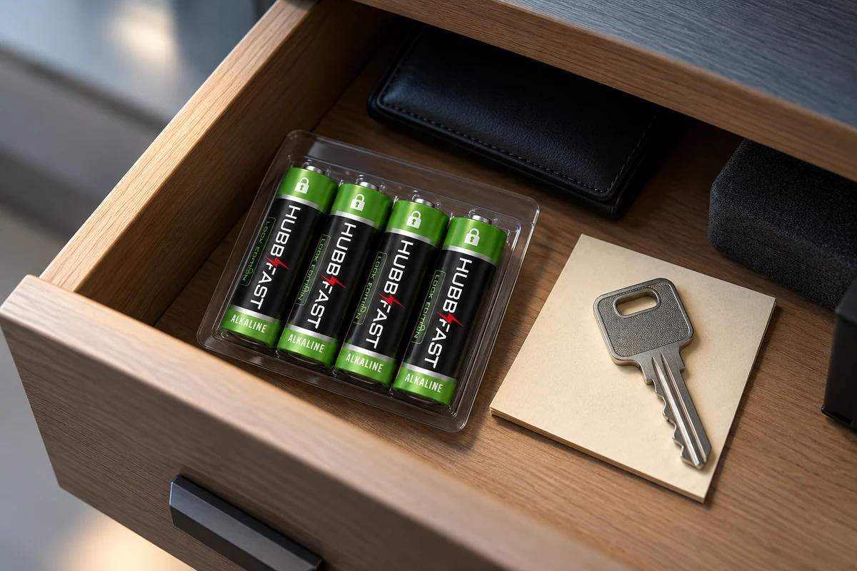 Vỉ pin AA HubbFast Lock Edition dự trữ và chìa khóa cơ khí cất trong ngăn kéo