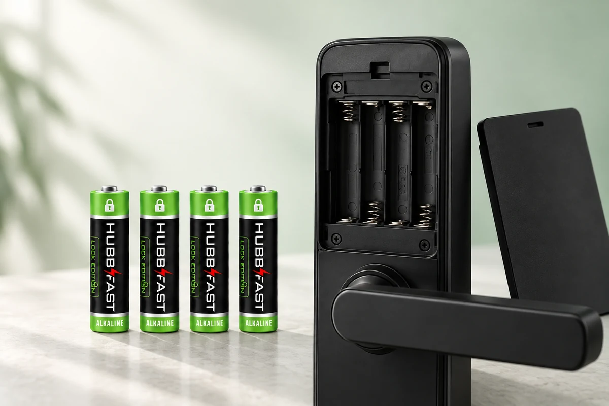 Pin AA HubbFast Lock Edition đặt cạnh khoang pin khóa cửa điện tử đã mở nắp