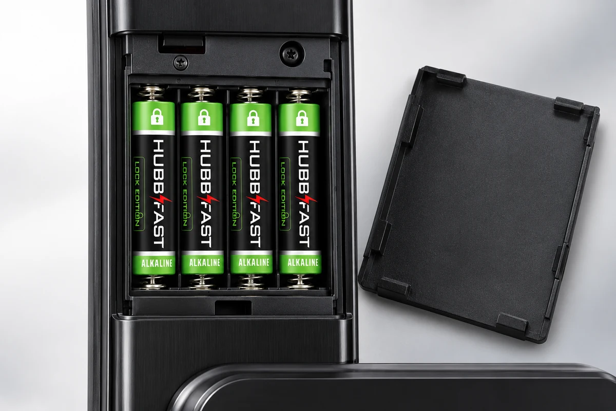 Bốn viên pin AA HubbFast Lock Edition đã lắp đầy vào khoang pin khóa cửa điện tử
