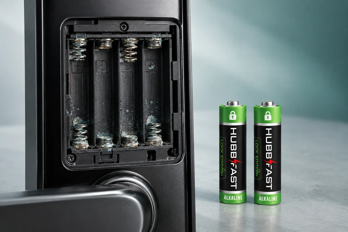 Tiếp điểm khoang pin khóa cửa bị ăn mòn trắng xanh và pin AA HubbFast Lock Edition mới