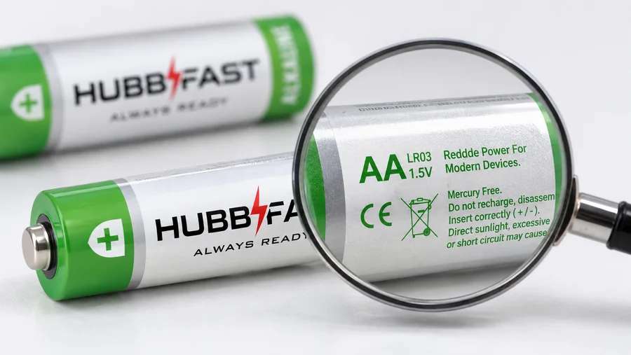 Dùng kính lúp đọc thông số kỹ thuật trên vỏ pin AA HubbFast Premium
