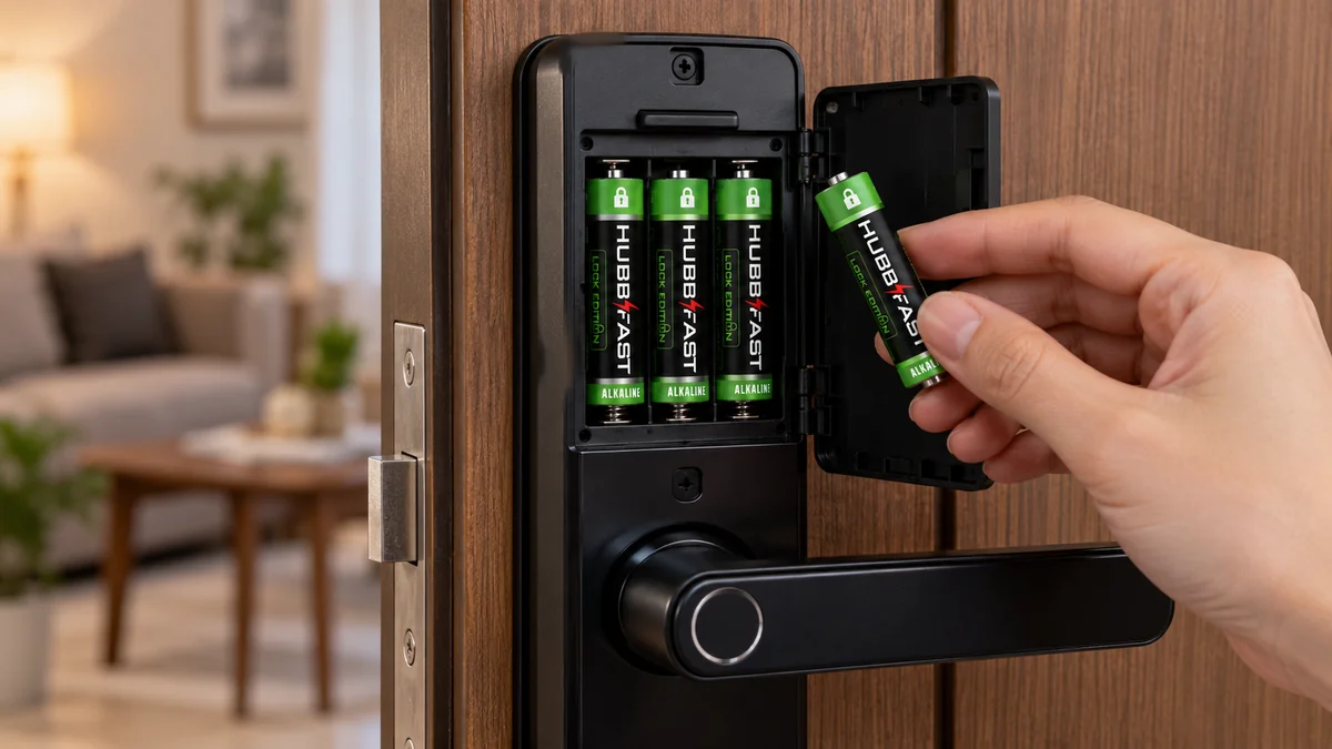 Lắp pin AA HubbFast Lock Edition vào khóa cửa vân tay thông minh