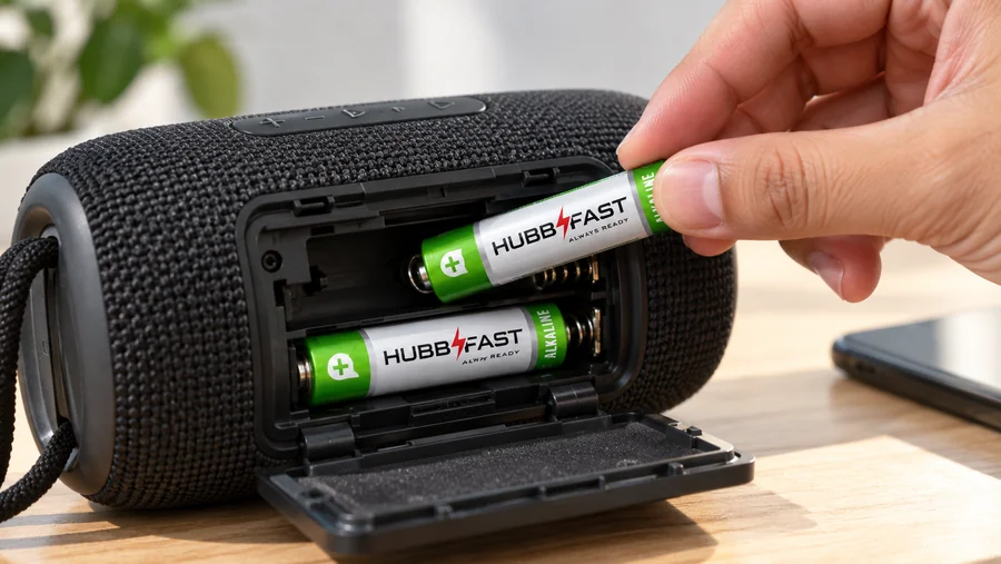 Pin Cho Loa Di Động & Loa Kéo Mini: Chọn Loại Nào Bền, Không Rè? 3 Lắp pin AA HubbFast Premium vào khoang pin loa Bluetooth di động
