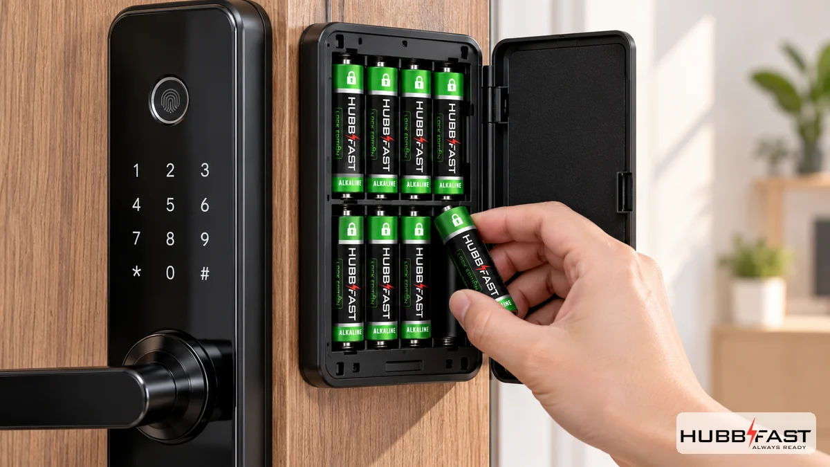 Lắp pin cho khóa cửa điện tử đúng cực vào khoang pin | HubbFast Lock Edition – Pin kiềm Alkaline cho khóa thông minh