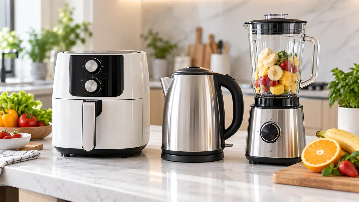 Bộ thiết bị nhà bếp hiện đại: nồi chiên không dầu, ấm siêu tốc, máy xay