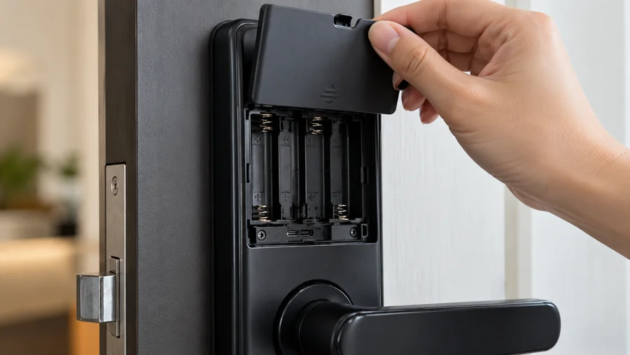 Mở nắp khoang pin khóa cửa thông minh để thay pin