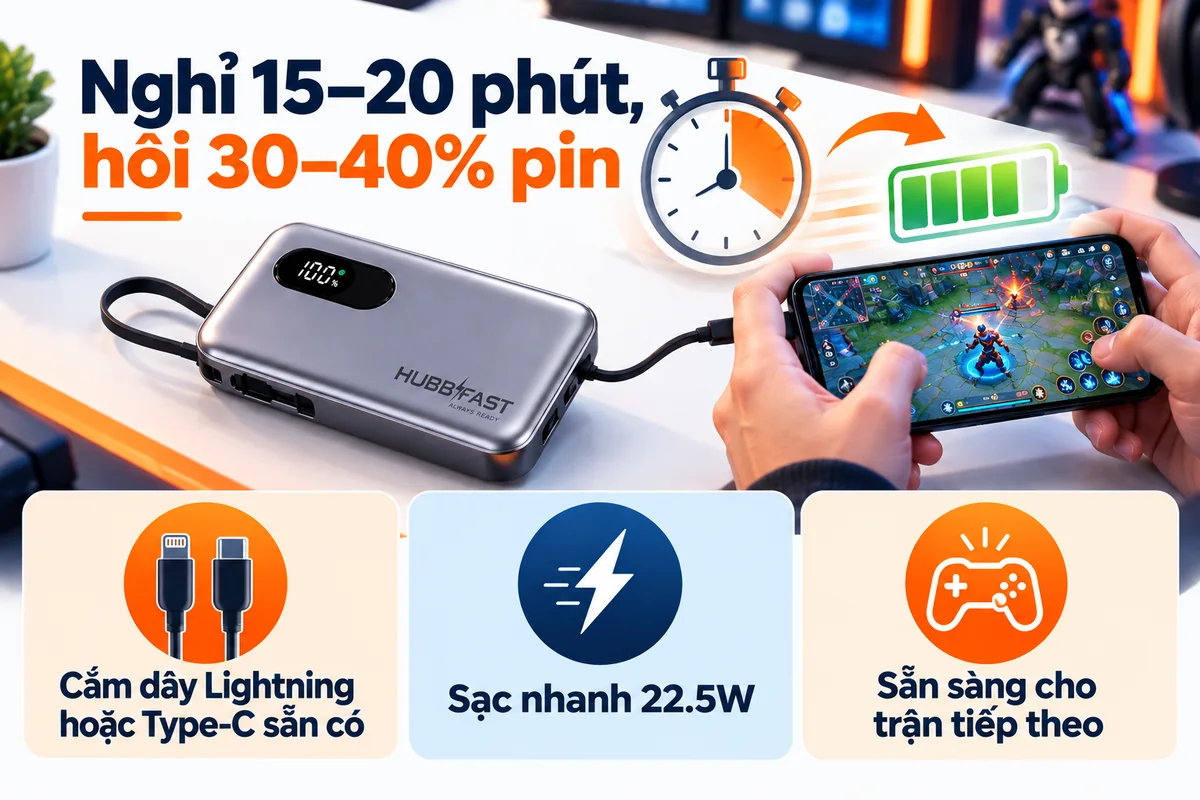 Nghỉ 15–20 phút, hồi 30–40% pin – HubbFast