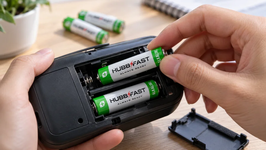 Lắp pin AA HubbFast Premium Alkaline chống rò rỉ vào thiết bị
