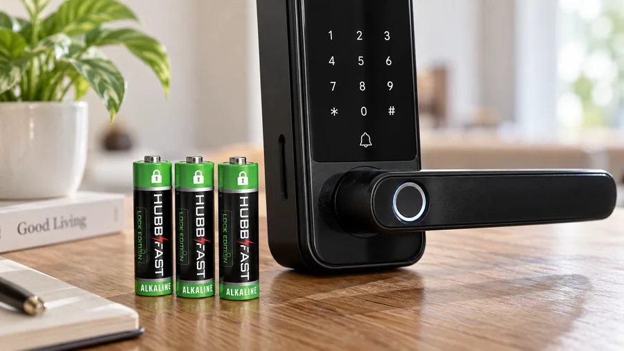 Pin AA HubbFast Lock Edition đặt cạnh khóa cửa vân tay thông minh
