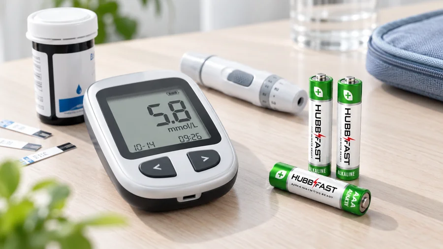 Pin AA HubbFast Premium bên cạnh máy đo đường huyết, kim và que thử