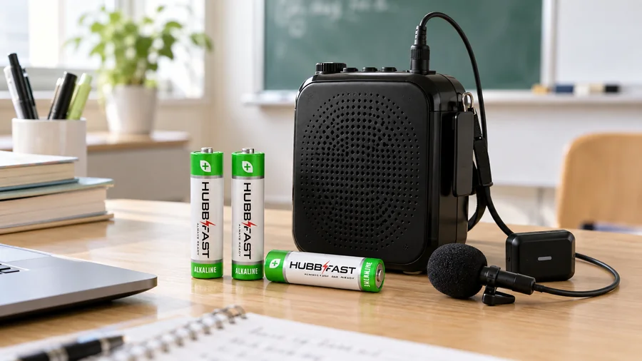 Pin AA HubbFast Premium bên cạnh máy trợ giảng và micro của giáo viên