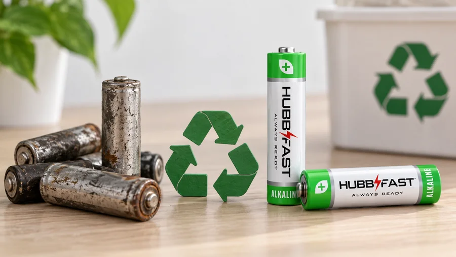 Pin cũ và pin AA HubbFast Premium mới bên biểu tượng tái chế