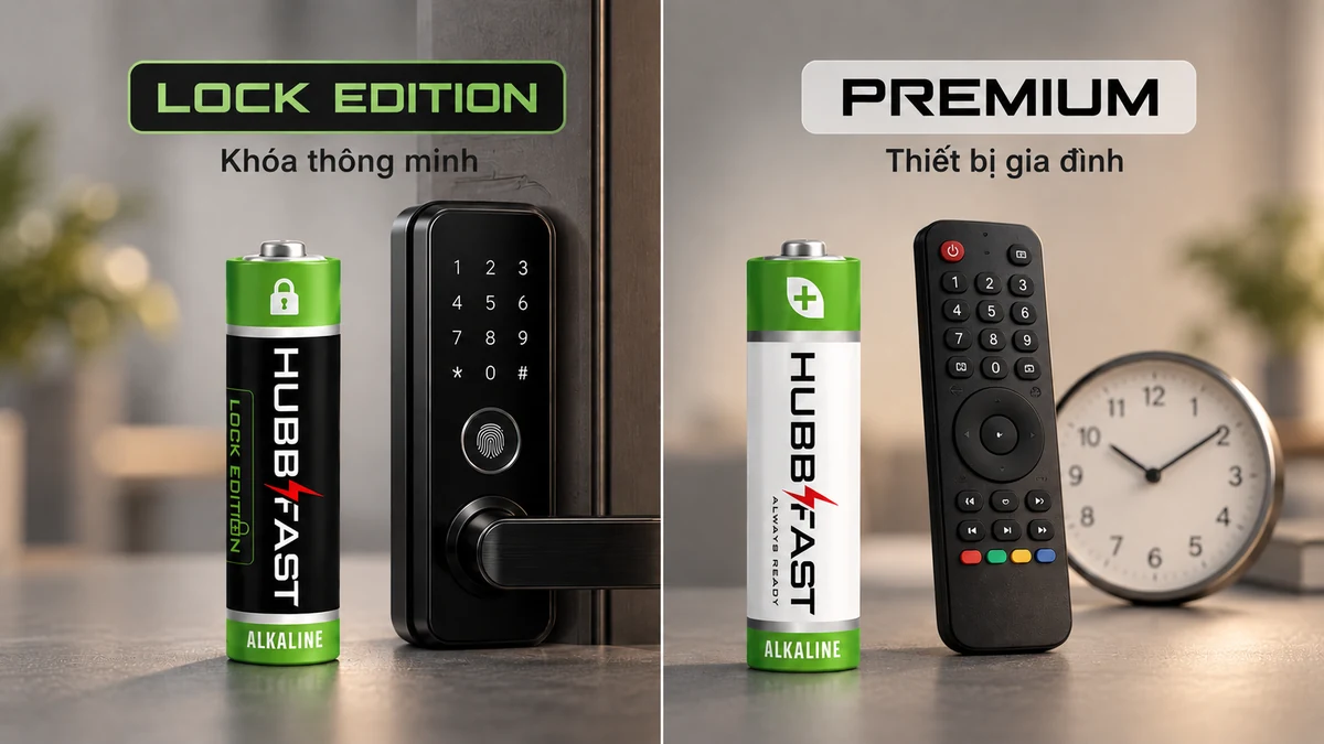 So sánh pin AA HubbFast Lock Edition thân đen cho khóa thông minh và pin AA HubbFast Premium thân trắng cho thiết bị gia đình