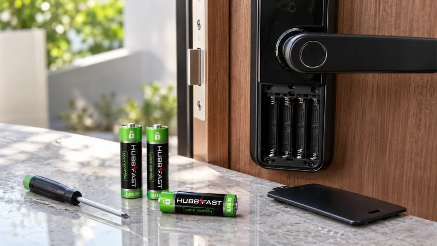 Pin AA HubbFast Lock Edition và tua vít để tự thay pin khóa cửa